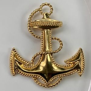 Vintage Large Gold Tone Metal Nautical Anchor Pinback Brooch